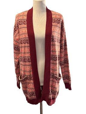 Matilda Jane Open-Front Fair Isle Cardigan in Burgundy and Pink size small